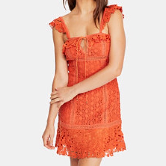 Free People Dresses & Skirts - Free People cross my heart Vibrant Orange Lace Mini Dress